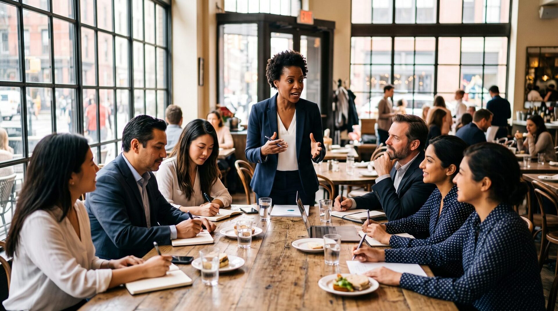 An ABC Networks member presenting a business challenge to the table in a bright, window-lit venue.