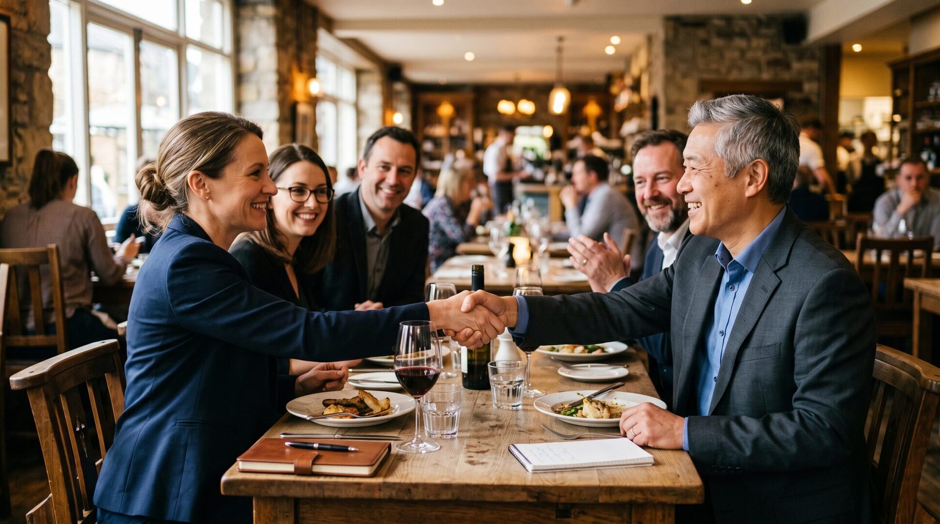 Two ABC Networks members shaking hands over a restaurant table.