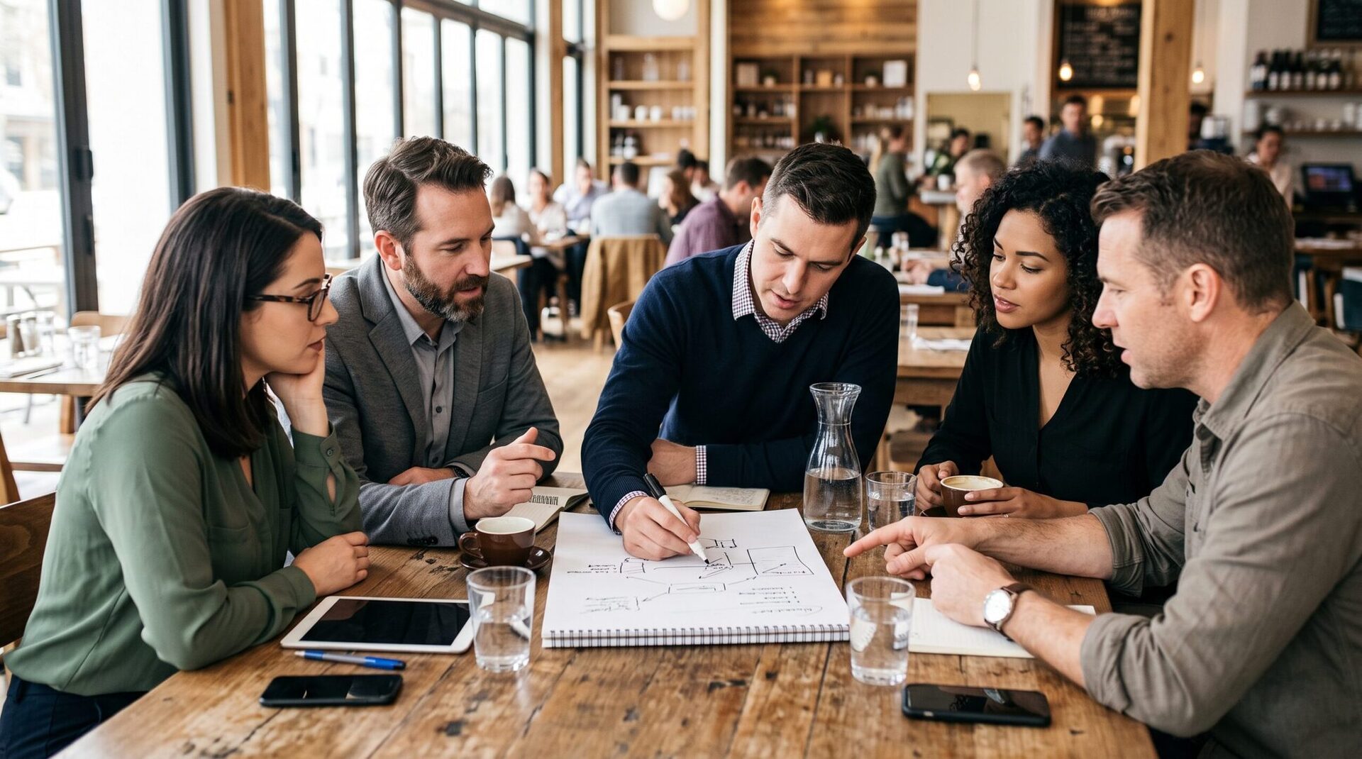 Five ABC Networks members working through a hand-drawn plan together at a cafe table.