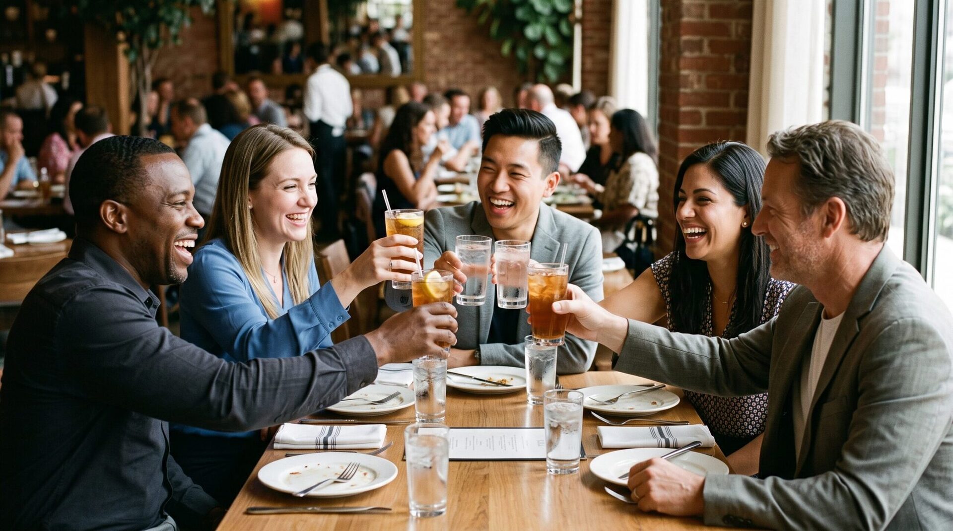 Five ABC Networks members raising iced-tea glasses in a toast.