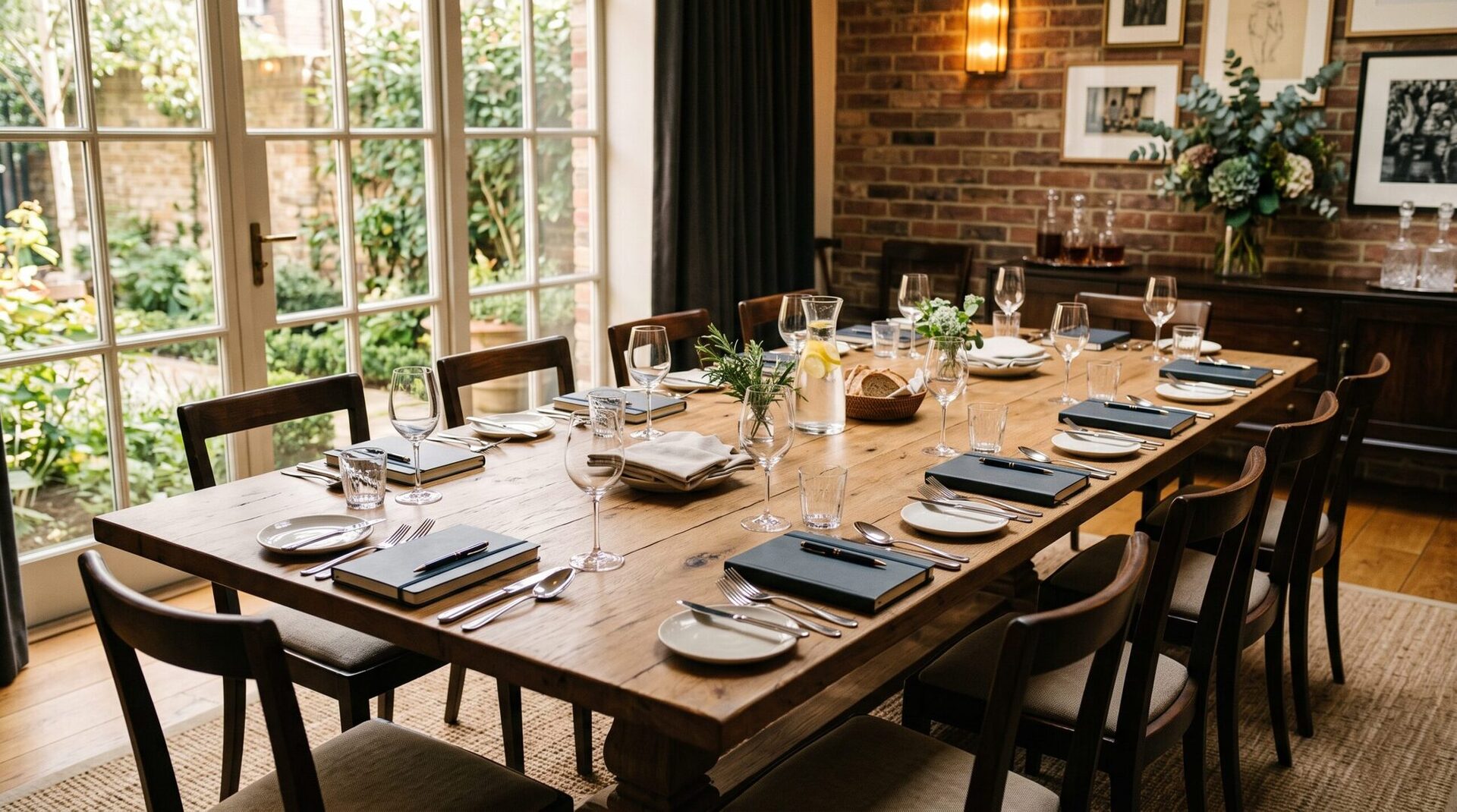 A long table set for a meeting, empty and waiting, in warm garden light.
